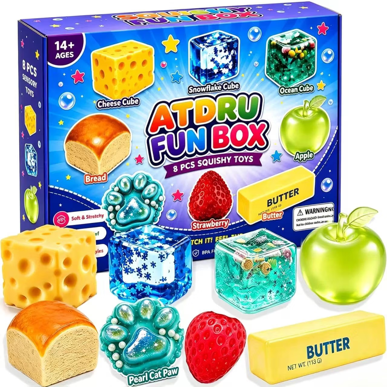 ATDRU Fun Box with eight colorful squishy sensory toys